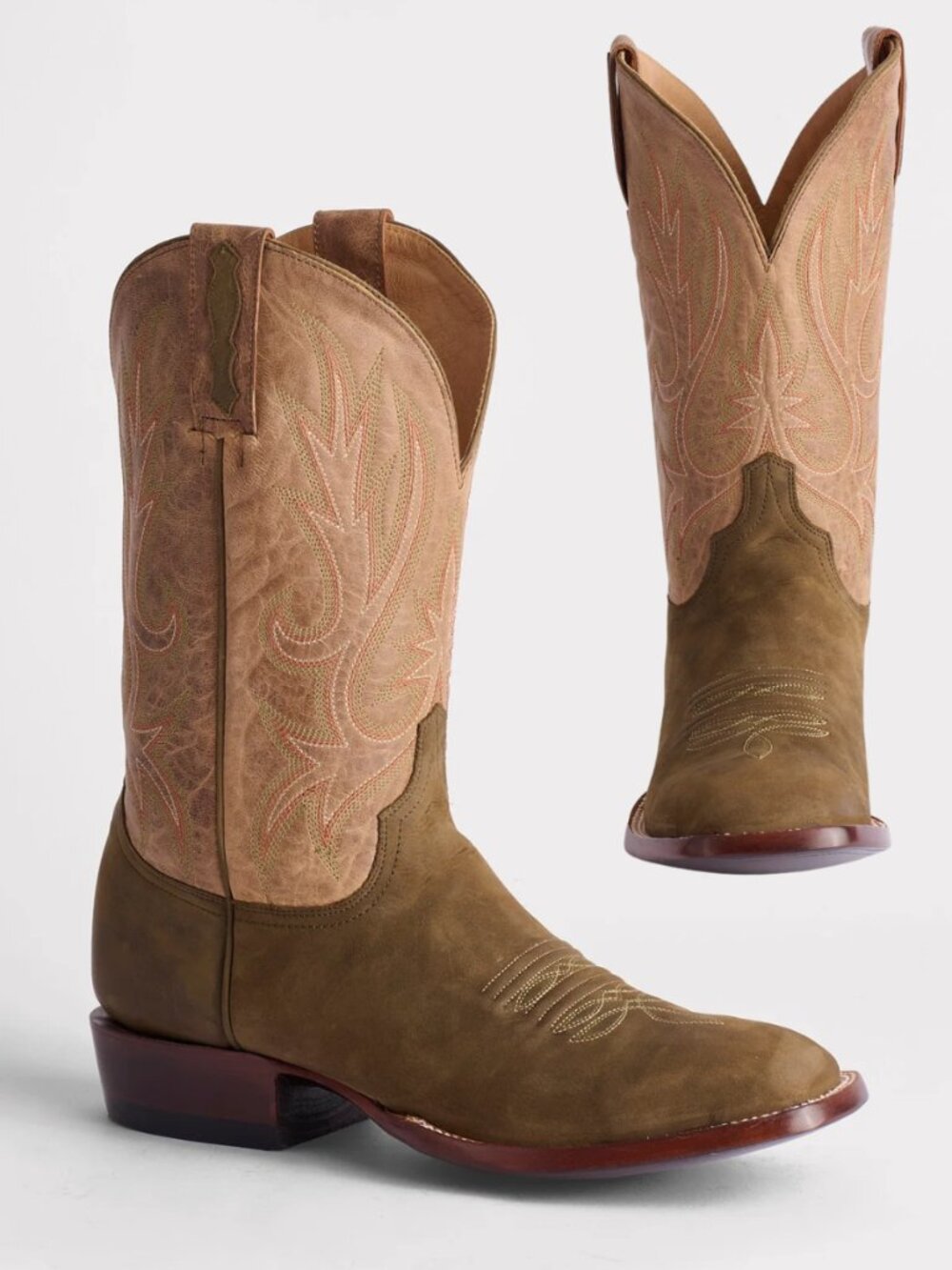 Lucchese Nubuck Leather Gordan Broad Square Toe Cowboy Boot Wide EE Olive